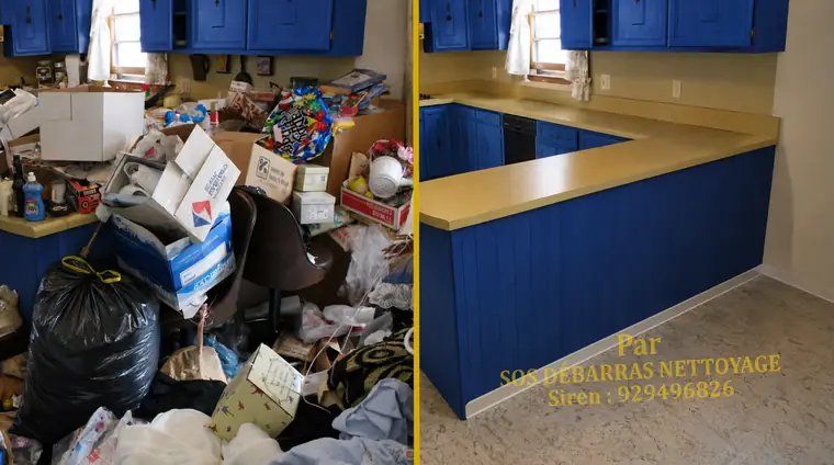 Débarras avant/après d'une cuisine très encombrée à Alfortville : détritus et objets évacués, cuisine vidée et nettoyée