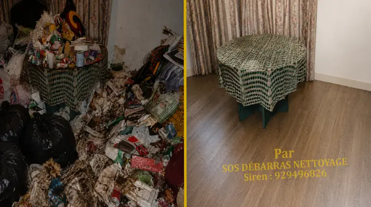 Débarras avant/après d'une pièce saturée d'objets à Alfortville : encombrants retirés du sol, pièce vidée et parquet dégagé