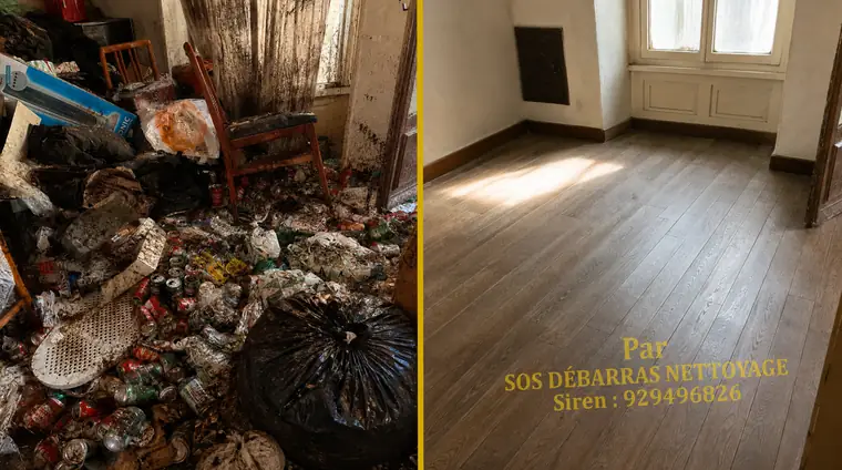 Débarras avant/après d'un séjour encombré à Alfortville : sacs et affaires évacués, pièce vidée et parquet dégagé