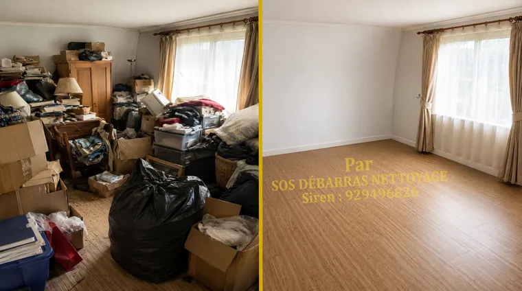 Débarras avant/après d'une chambre à Champigny-sur-Marne : cartons, sacs et armoire encombrant la pièce évacués, chambre vidée et sol dégagé