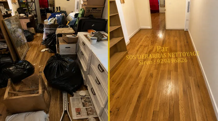Débarras avant/après d'un couloir à Champigny-sur-Marne : sacs, commode et cadres retirés, entrée et parquet entièrement dégagés