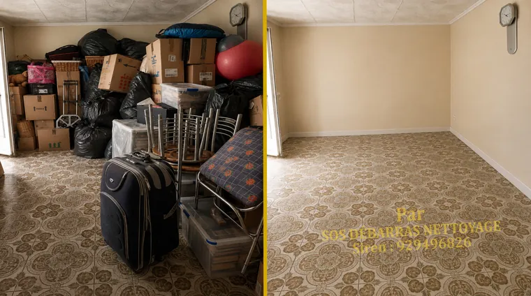 Débarras avant/après d'une pièce à Champigny-sur-Marne : cartons, valise et chaises empilées évacués, pièce vidée et sol carrelé dégagé