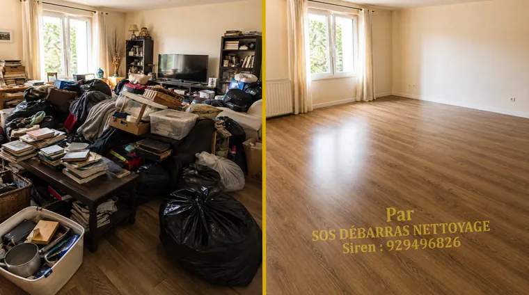 Débarras avant/après d'un salon à Champigny-sur-Marne : piles de livres, sacs et objets au sol évacués, pièce vidée et parquet dégagé