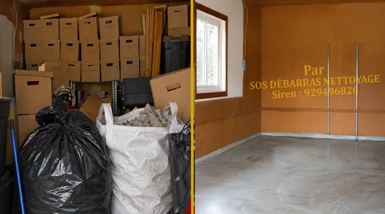 Débarras avant/après d'une cave à Charenton-le-Pont : cartons d'archives, sac de gravats et encombrants retirés, pièce vidée et sol dégagé
