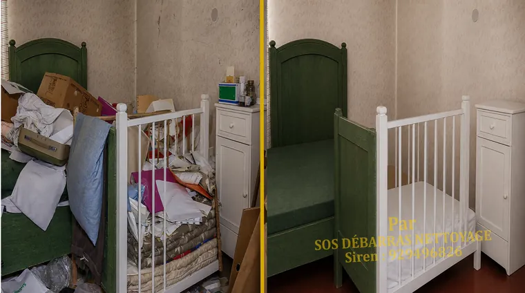 Débarras avant/après d'une chambre à Charenton-le-Pont : lit, lit bébé et affaires encombrant la pièce évacués, chambre vidée et nettoyée