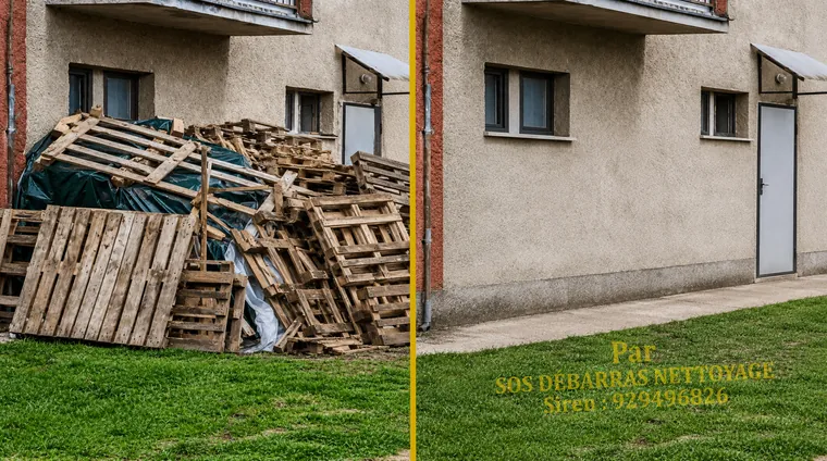 Débarras avant/après d'un extérieur à Charenton-le-Pont : tas de palettes en bois évacué le long du bâtiment, pelouse dégagée
