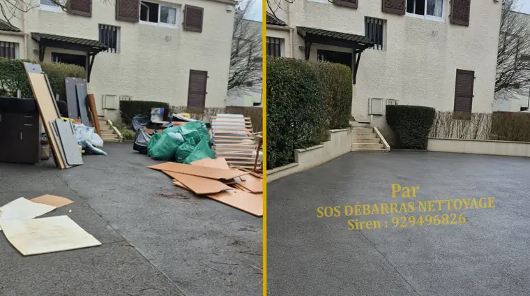 Débarras avant/après le long d'un pavillon à Chaville : cartons, bâche et planches retirés, abords entièrement dégagés