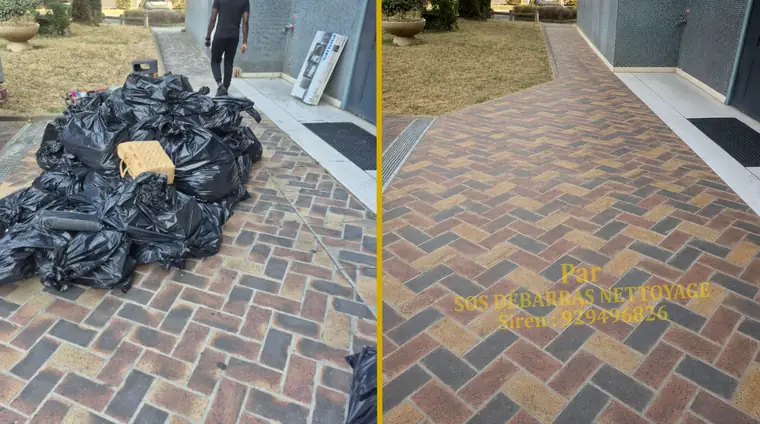 Débarras avant/après d'une allée pavée à Chaville : gros tas de sacs évacué, allée en pavés entièrement dégagée