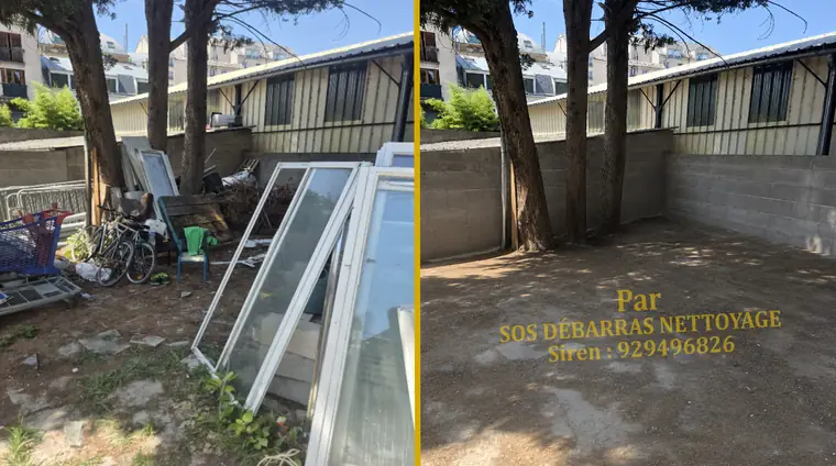 Débarras avant/après d'une cour de maison à Chaville : anciennes fenêtres, vitres et gravats évacués sous les arbres, espace nettoyé