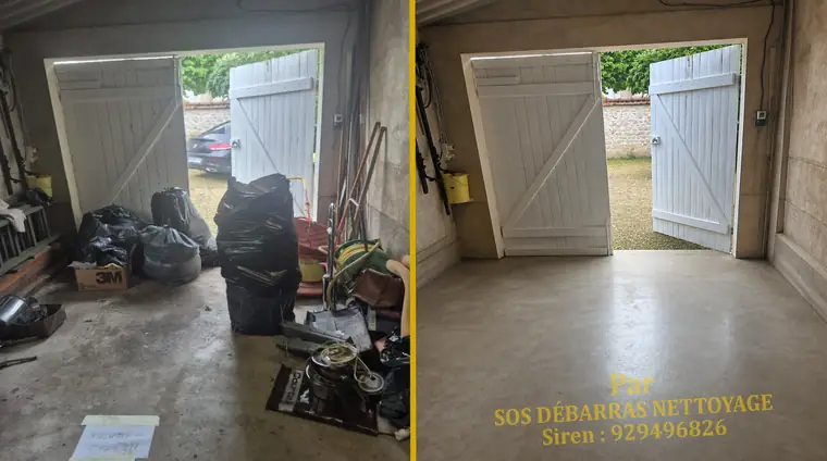 Débarras avant/après d'un garage de pavillon à Chaville : cartons, sacs et outillage retirés, sol béton entièrement dégagé