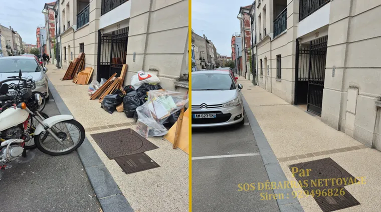 Débarras avant/après sur le trottoir devant un immeuble à Chelles : planches, sacs et cartons déposés le long de la façade puis chargés, trottoir rendu libre
