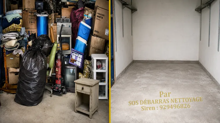 Débarras avant/après d'une cave à Clamart : cartons, sacs, vieux téléviseur et petit mobilier retirés, box vidé et sol béton dégagé