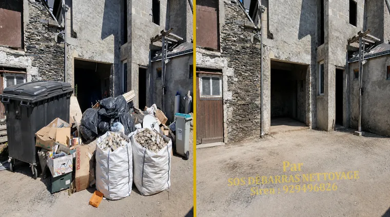 Débarras avant/après devant des garages à Clamart : sacs, cartons et big-bags de gravats retirés, cour pavée dégagée