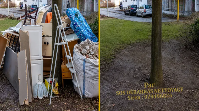 Débarras avant/après d'un extérieur à Clamart : meubles, réfrigérateur, échelle et sac de gravats évacués, terrain dégagé