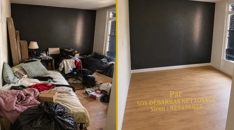 Débarras avant/après d'une chambre à Clichy : matelas, vêtements et sacs évacués, chambre vidée et parquet dégagé