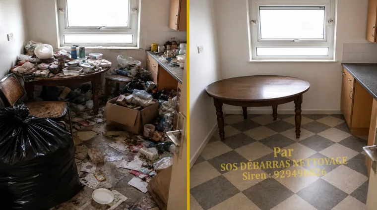 Débarras et nettoyage avant/après d'une cuisine insalubre à Clichy : détritus au sol évacués, cuisine vidée et nettoyée autour de la table