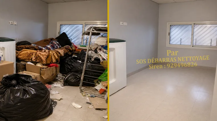 Débarras avant/après d'un local à Clichy : sacs, séchoir et encombrants évacués, pièce carrelée entièrement dégagée