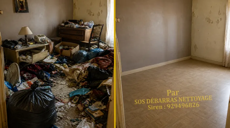 Débarras et nettoyage avant/après d'une pièce insalubre à Clichy : déchets et affaires au sol évacués, pièce vidée et nettoyée