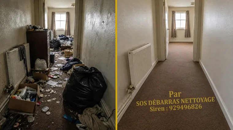 Débarras avant/après d'un couloir à Colombes : sacs, cartons et détritus retirés, palier et moquette entièrement dégagés