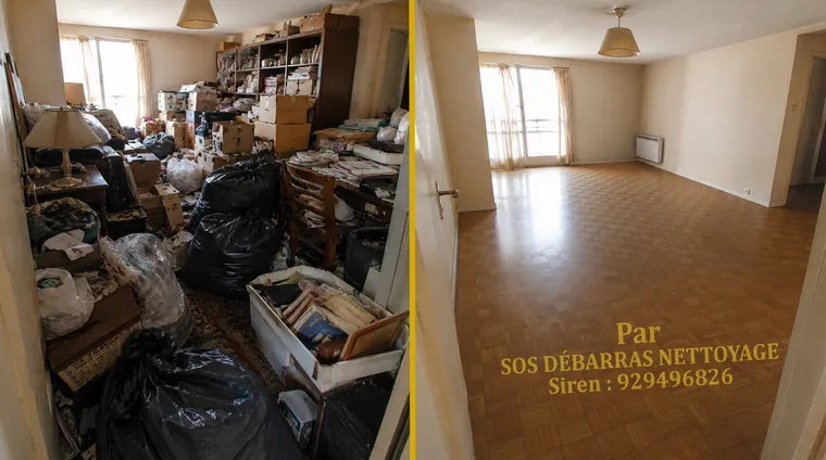 Débarras avant/après d'une pièce d'appartement à Colombes : cartons, sacs et meubles encombrant le sol évacués, pièce vidée et parquet dégagé