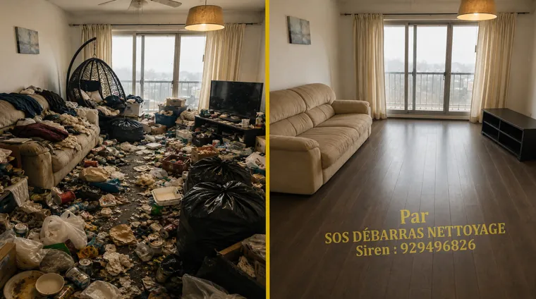 Débarras et nettoyage avant/après d'un séjour insalubre à Colombes : déchets recouvrant le sol évacués, salon nettoyé, canapé et parquet dégagés