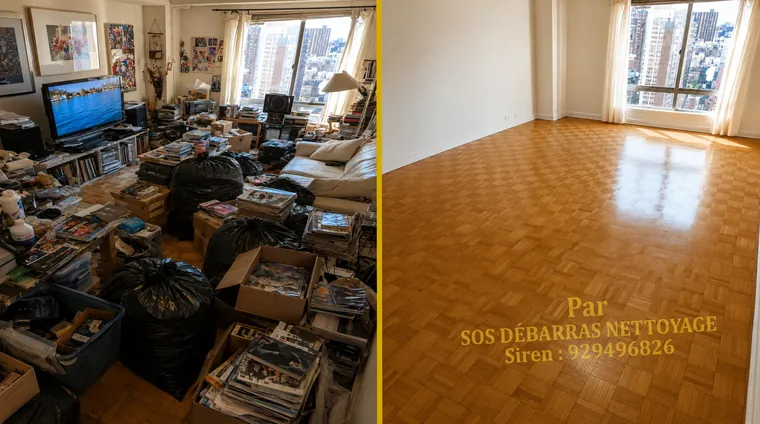 Débarras avant/après du séjour d'un appartement en tour à Colombes : sacs, revues et cartons évacués, pièce vidée et parquet dégagé avec vue sur les immeubles