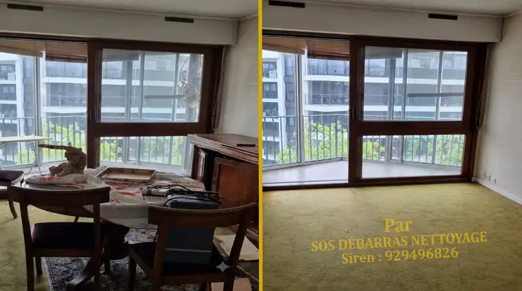 Débarras avant/après d'un appartement de succession à Créteil : salle à manger vidée et accès au balcon dégagé