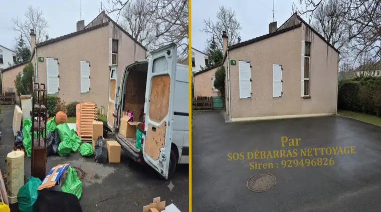 Chargement du camion lors du débarras d'un pavillon à Créteil : sacs et cartons évacués, allée entièrement dégagée