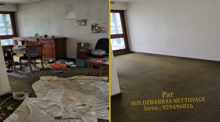 Débarras avant/après du séjour d'un appartement à Créteil : meubles anciens, bâches et affaires évacués, pièce entièrement vidée