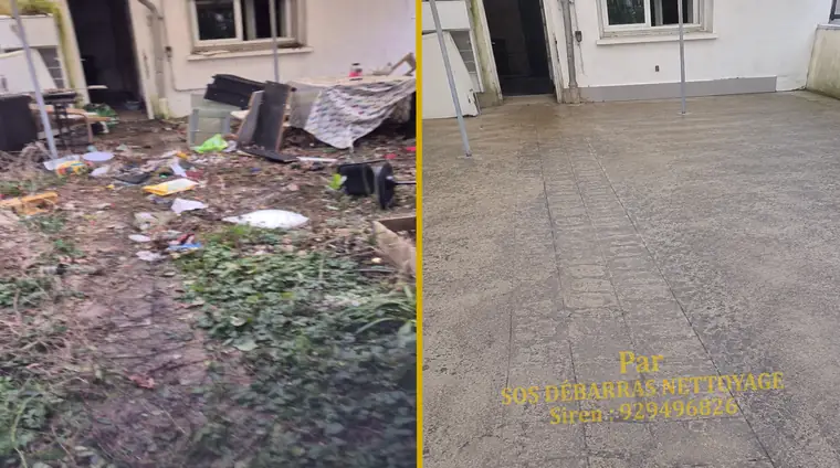 Débarras avant/après d'une cour pavée à Issy-les-Moulineaux : détritus et encombrants retirés, cour entièrement nettoyée