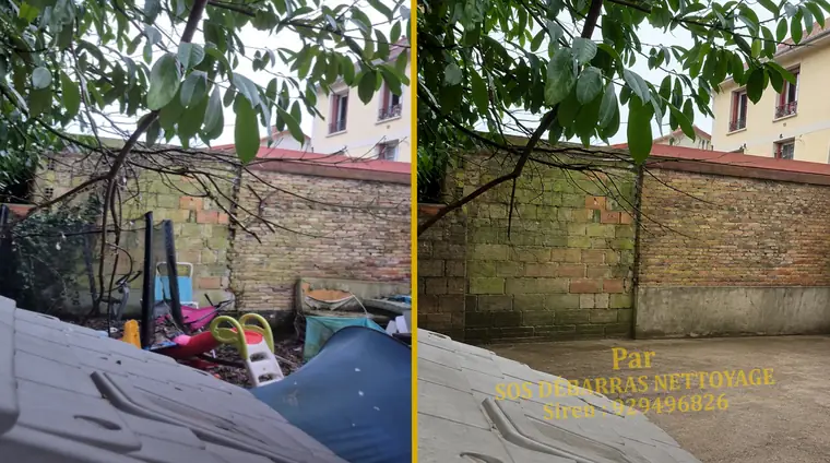 Débarras avant/après d'un fond de jardin à Issy-les-Moulineaux le long d'un mur : jouets, bâche et sacs évacués, jardin dégagé
