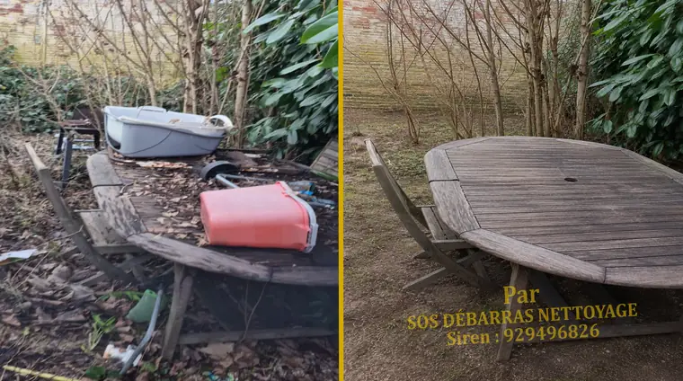 Débarras avant/après d'un jardin à Issy-les-Moulineaux : arrosoir, mobilier et encombrants retirés autour d'une table de jardin, espace dégagé