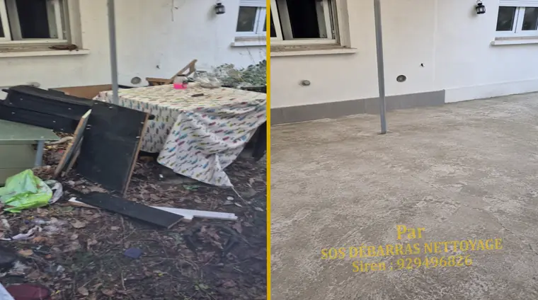 Débarras avant/après d'une terrasse à Issy-les-Moulineaux : table pliante, chaise et détritus évacués, terrasse pavée nettoyée