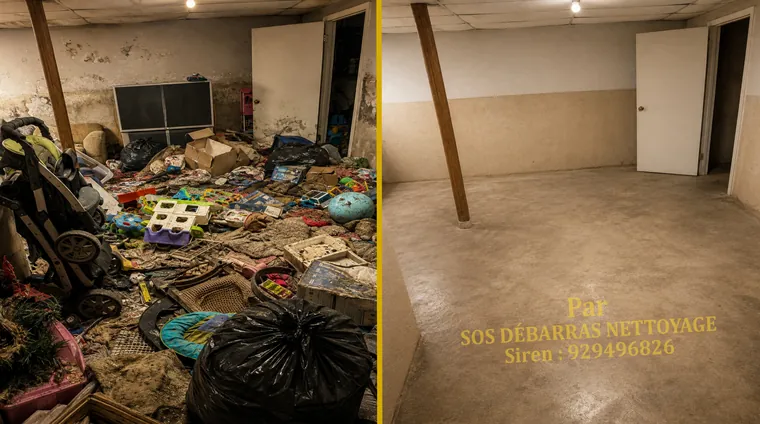 Débarras avant/après d'une cave au Perreux-sur-Marne : jouets, sacs et objets couvrant le sol évacués, sous-sol vidé et sol béton dégagé