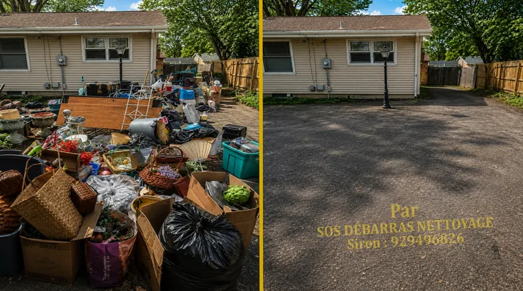 Débarras avant/après devant une maison au Perreux-sur-Marne : mobilier, paniers et cartons évacués, allée entièrement dégagée