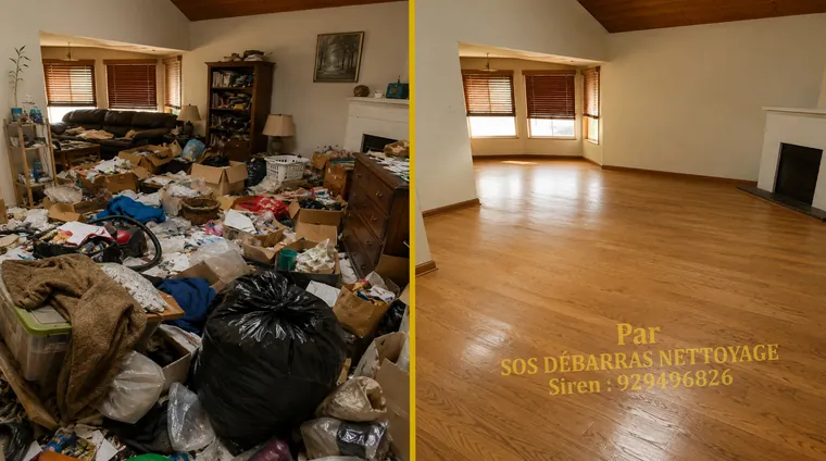 Débarras avant/après du séjour d'une maison au Perreux-sur-Marne : amas de sacs et d'affaires évacué, grande pièce vidée et parquet dégagé près de la cheminée