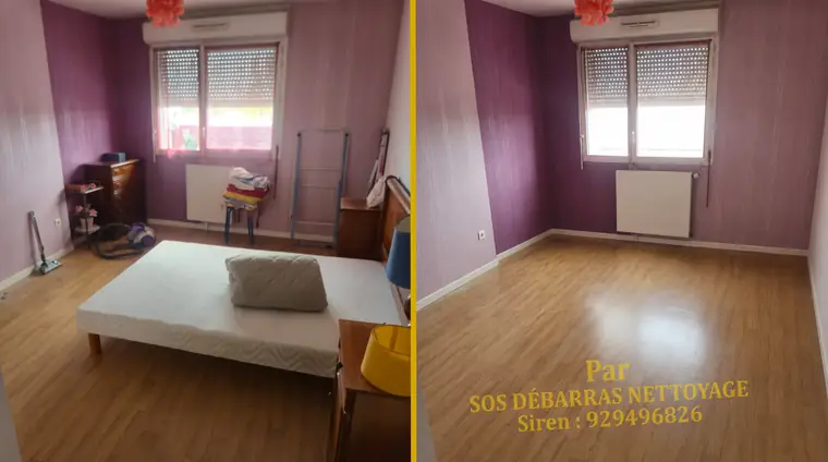 Débarras avant/après d'une chambre d'appartement à Maisons-Alfort : lit et mobilier évacués, pièce vidée et parquet dégagé