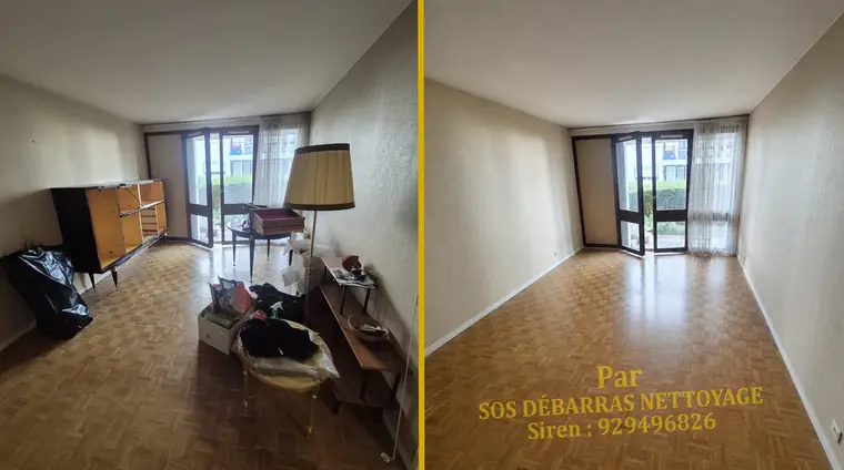 Débarras avant/après du salon d'un appartement à Maisons-Alfort : meubles et lampe évacués, salon vidé et balcon dégagé
