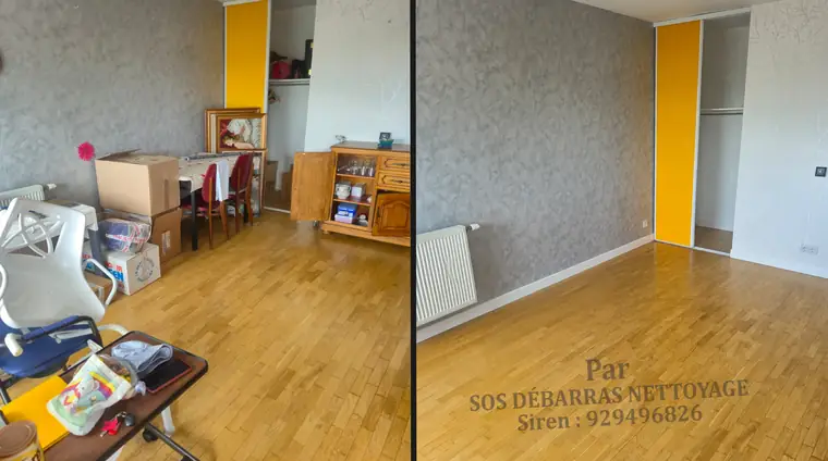 Débarras avant/après d'un séjour à Maisons-Alfort : buffet, cartons et affaires évacués, parquet dégagé