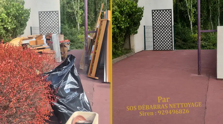 Débarras avant/après d'une terrasse à Maisons-Alfort : planches, sacs et encombrants retirés le long du treillage, sol dégagé