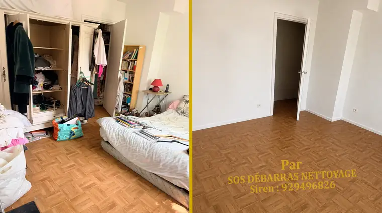 Débarras avant/après d'une chambre d'appartement à Meudon : armoire, literie, vêtements et affaires personnelles évacués, parquet dégagé