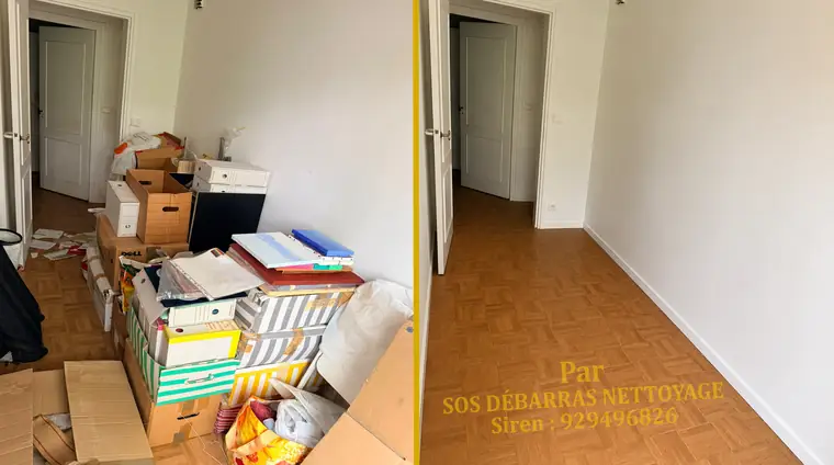 Débarras avant/après d'une pièce d'appartement à Meudon encombrée de classeurs, cartons et papiers : pièce entièrement vidée