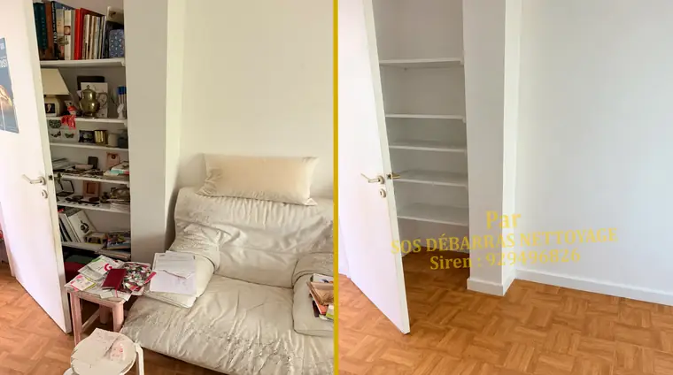 Débarras avant/après d'un placard et d'un fauteuil dans l'entrée d'un appartement à Meudon : rayonnages vidés et volume libéré
