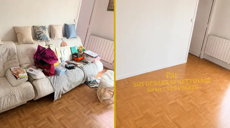 Débarras avant/après du salon d'un appartement à Meudon : canapé, coussins, livres et affaires évacués, pièce vidée et sol dégagé