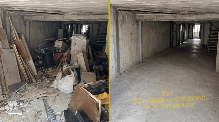 Débarras avant/après d'une cave à Nogent-sur-Marne : planches, gravats et sacs retirés, sous-sol vidé et sol béton dégagé