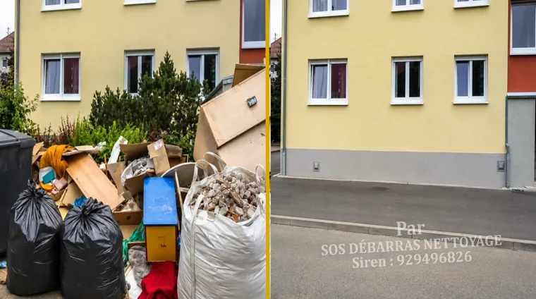 Débarras avant/après devant un immeuble à Nogent-sur-Marne : sacs, cartons et sac de gravats retirés du trottoir, sol dégagé