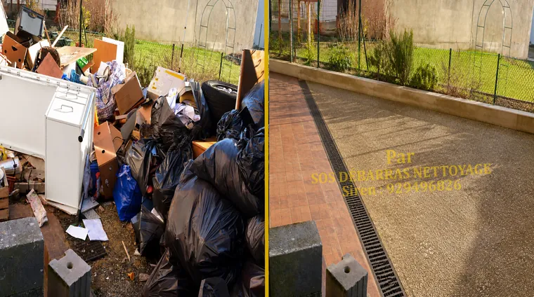 Débarras avant/après d'un jardin à Nogent-sur-Marne : sacs, cartons et vieil électroménager évacués, allée et jardin dégagés