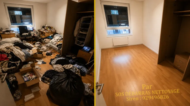 Débarras avant/après d'un appartement à Paris 15e : mobilier et cartons évacués, pièce nettoyée