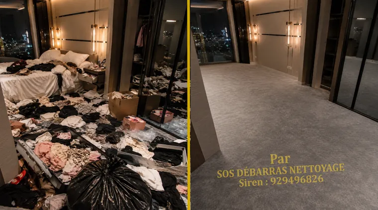 Débarras avant/après d'un grand appartement à Paris 16e : mobilier et affaires évacués, pièce nettoyée