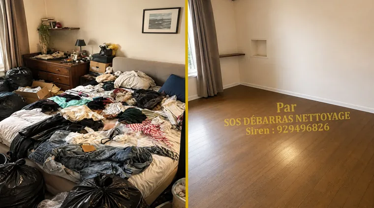 Débarras avant/après d'une chambre à Paris 16e : lit, armoire et affaires retirés, pièce vidée